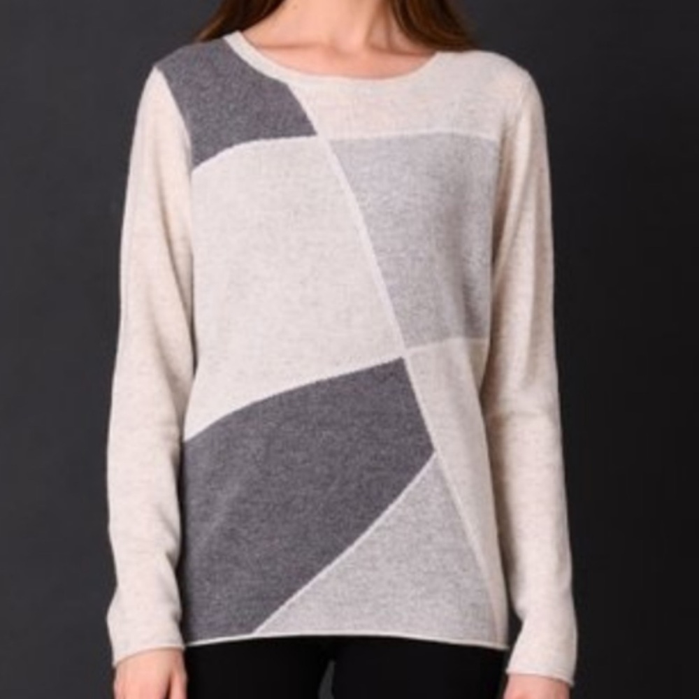 Saffron Cashmere Pullover Sweater Geo Print Grey Black Brown size S